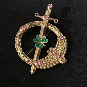 Gold Sword and Shield Brooch with Pink and Green Accents